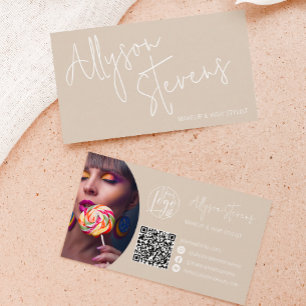 Modern name bold script makeup hair logo qr tan business card