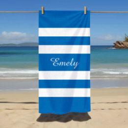 Modern Name French Blue Striped Pool  Beach Towel