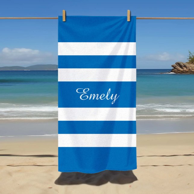 Modern Name French Blue Striped Pool  Beach Towel (Custom Name Modern Name French Blue Striped Pool Beach Towel.)