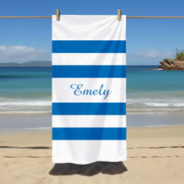 Modern Name French Blue Striped Pool  Beach Towel