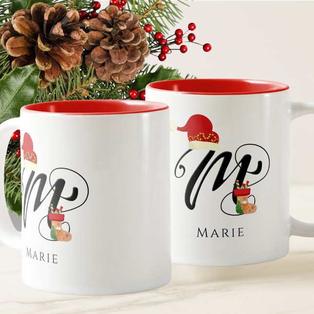 Modern Name Initial Monogram Letter M Christmas Two-Tone Coffee Mug (Creator Uploaded)