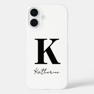 Modern Name Initial White Black Personalize iPhone 16 Case