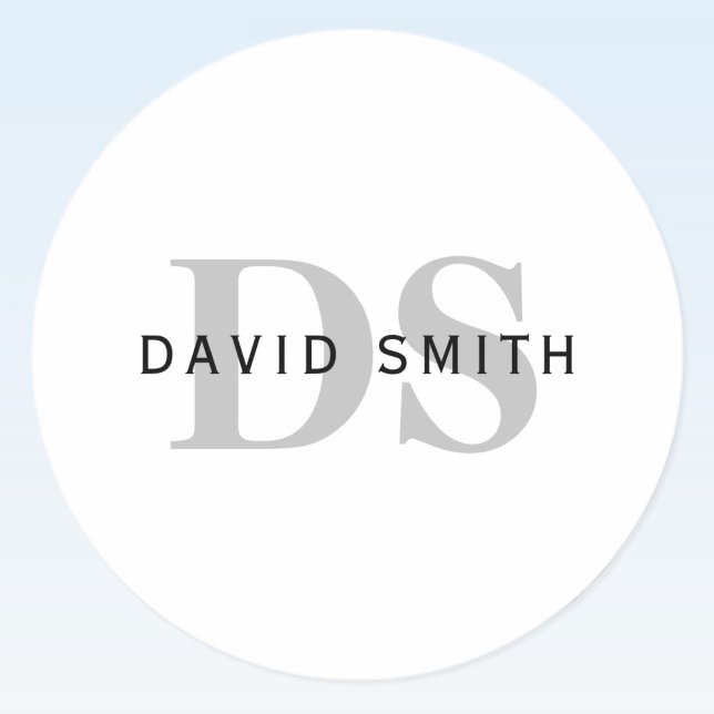 Modern Name & Monogram | Black White & Grey Classic Round Sticker (Creator Uploaded)