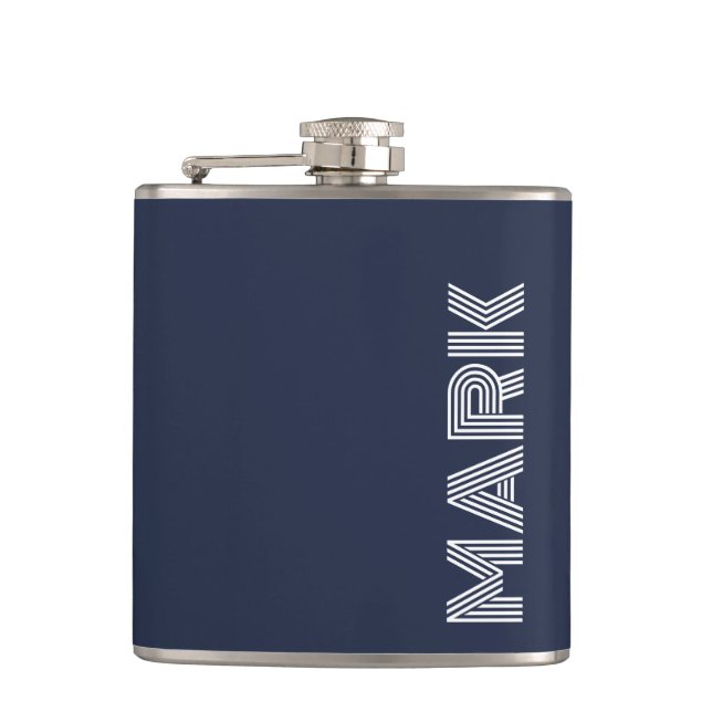 Modern Name Monogram Dark Blue White Stripes Hip Flask (Front)
