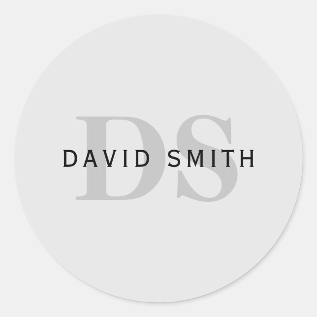 Modern Name & Monogram | Editable Grey & Black Classic Round Sticker (Front)