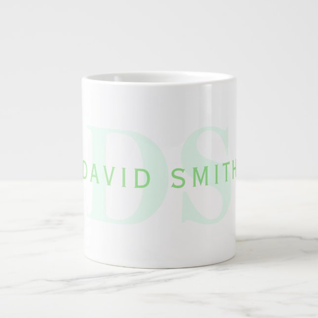Modern Name & Monogram | Green & White Large Coffee Mug (Front)