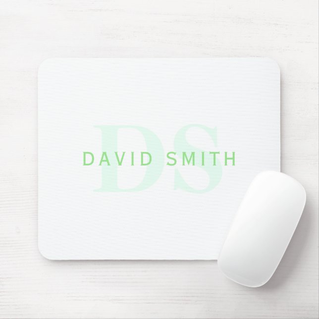 Modern Name & Monogram | Green & White Mouse Pad (With Mouse)