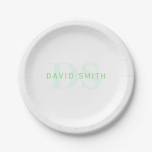 Modern Name & Monogram Green & White Paper Plate