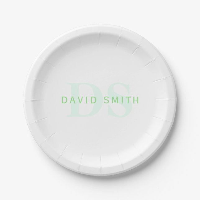 Modern Name & Monogram | Green & White Paper Plate (Front)