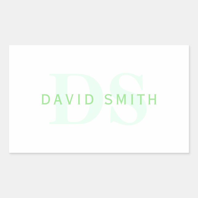 Modern Name & Monogram | Green & White Rectangular Sticker (Front)