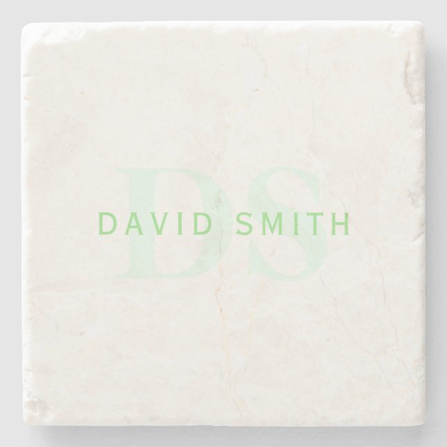 Modern Name & Monogram | Green & White Stone Coaster (Front)