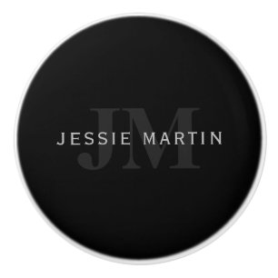 Modern Name & Monogram   Grey & Black Ceramic Knob