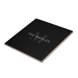 Modern Name & Monogram | Grey & Black Ceramic Tile