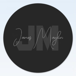 Modern Name & Monogram   Grey & Black Classic Round Sticker