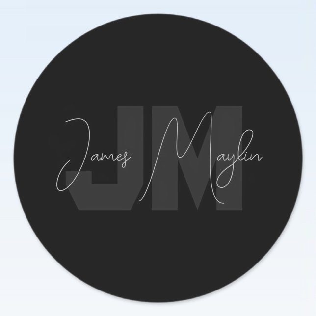 Modern Name & Monogram | Grey & Black Classic Round Sticker (Creator Uploaded)