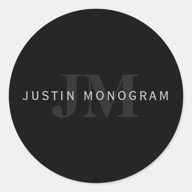 Modern Name & Monogram | Grey & Black Classic Round Sticker (Front)