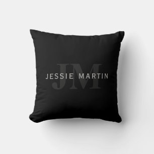 Modern Name & Monogram   Grey & Black Cushion