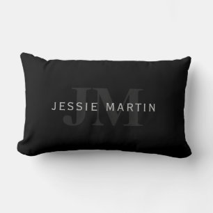 Modern Name & Monogram   Grey & Black Lumbar Cushion