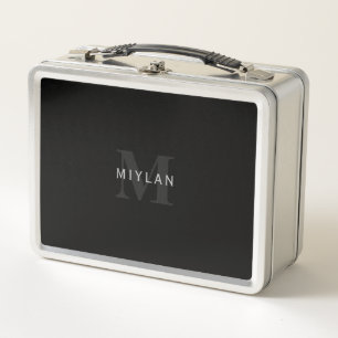 Modern Name & Monogram   Grey & Black Metal Lunch Box