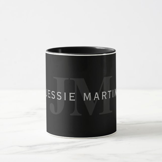 Modern Name & Monogram | Grey & Black Mug (Center)