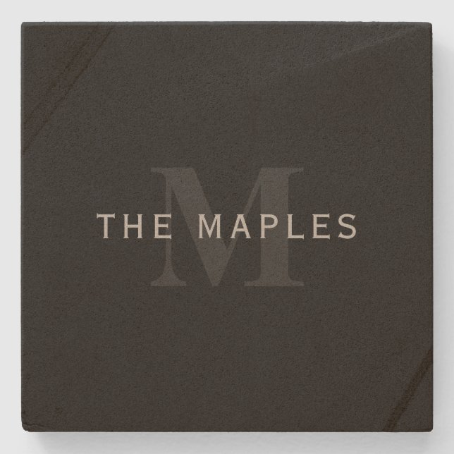 Modern Name & Monogram | Grey & Black Stone Coaster (Front)