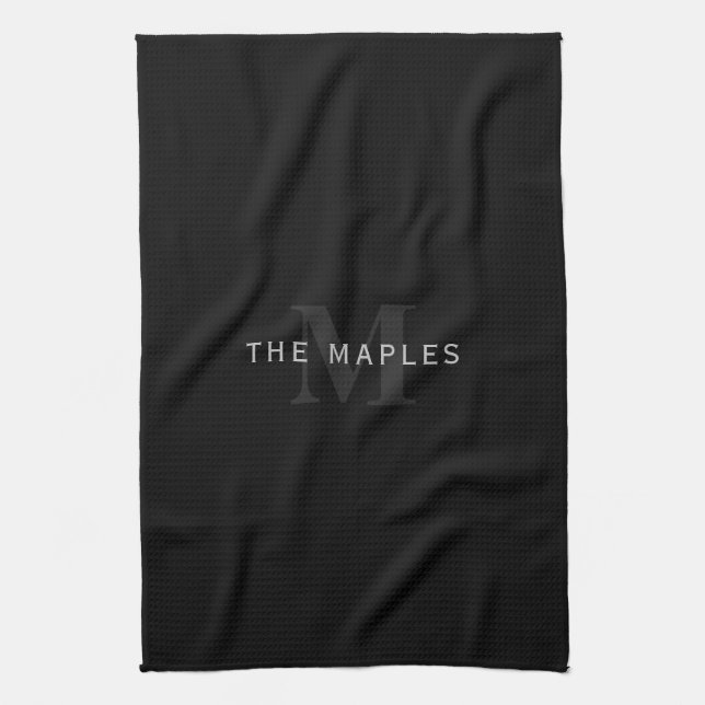 Modern Name & Monogram | Grey & Black Tea Towel (Vertical)