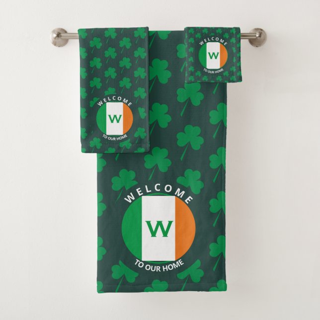 Modern Name Monogram Irish Flag Shamrock Bath Towel Set (Insitu)