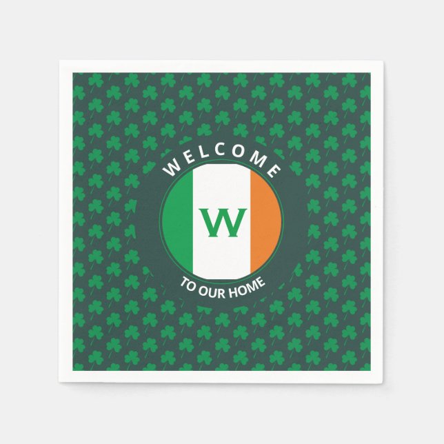 Modern Name Monogram Irish Flag Shamrock Napkin (Front)