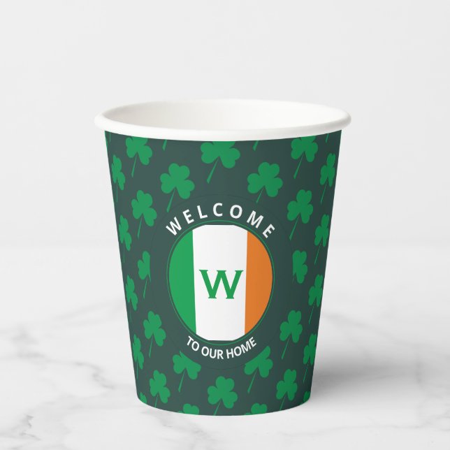 Modern Name Monogram Irish Flag Shamrock Paper Cups (Front)