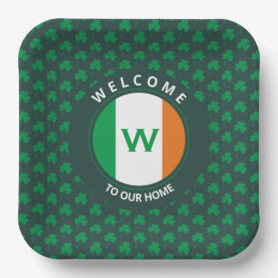 Modern Name Monogram Irish Flag Shamrock Paper Plate