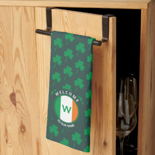 Modern Name Monogram Irish Flag Shamrock Tea Towel