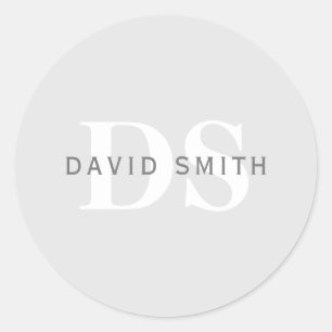 Modern Name & Monogram   Light & Dark Grey White Classic Round Sticker