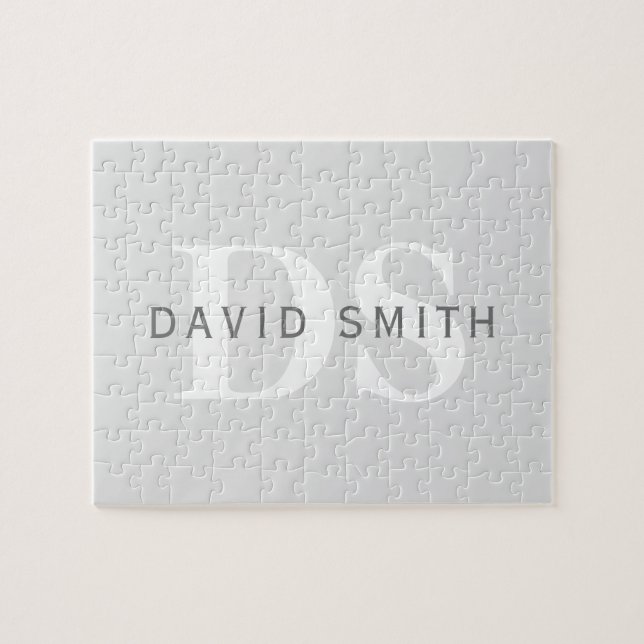 Modern Name & Monogram | Light & Dark Grey White Jigsaw Puzzle (Horizontal)