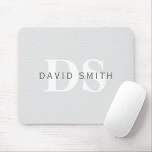 Modern Name & Monogram Light & Dark Grey White Mouse Pad