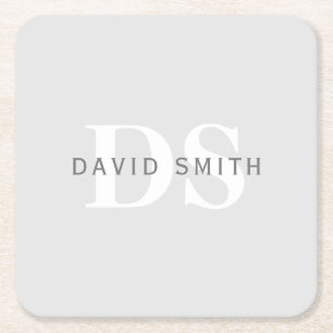 Modern Name & Monogram   Light & Dark Grey White Square Paper Coaster