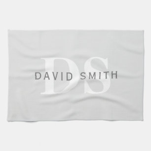 Modern Name & Monogram Light & Dark Grey White Tea Towel