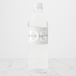 Modern Name & Monogram Light & Dark Grey White Water Bottle Label