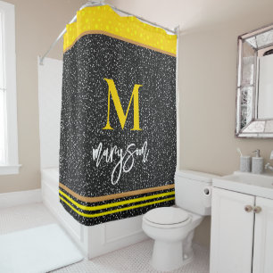 Modern Name & Monogram, Luxury Black & Gold Shower Curtain