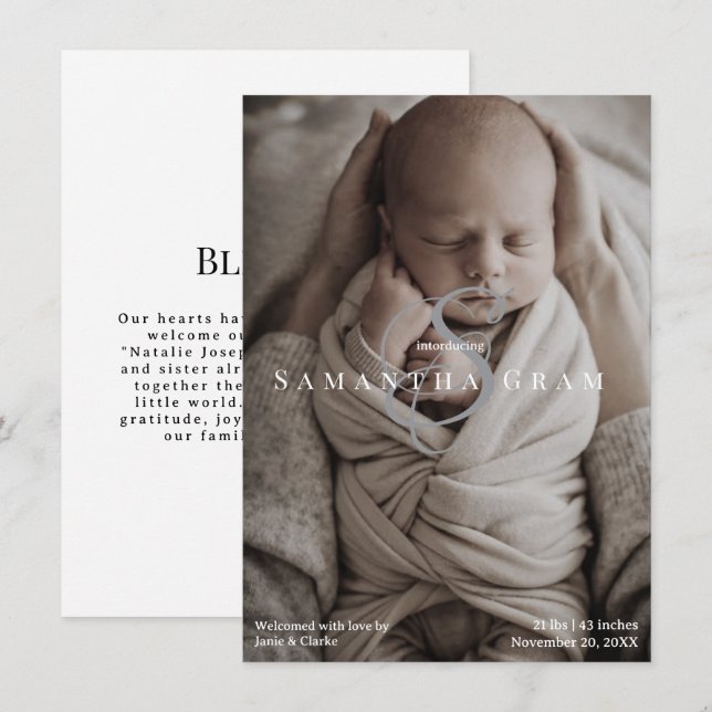 Modern Name Monogram Newborn Photo  Announcement (Front/Back)