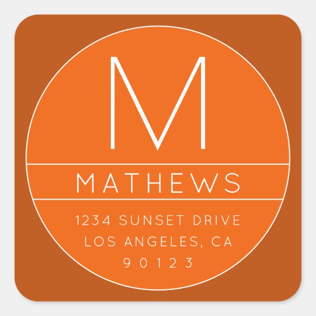 Modern Name & Monogram | Orange Square Sticker (Front)