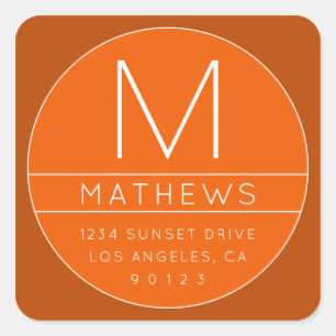 Modern Name & Monogram Orange Square Sticker