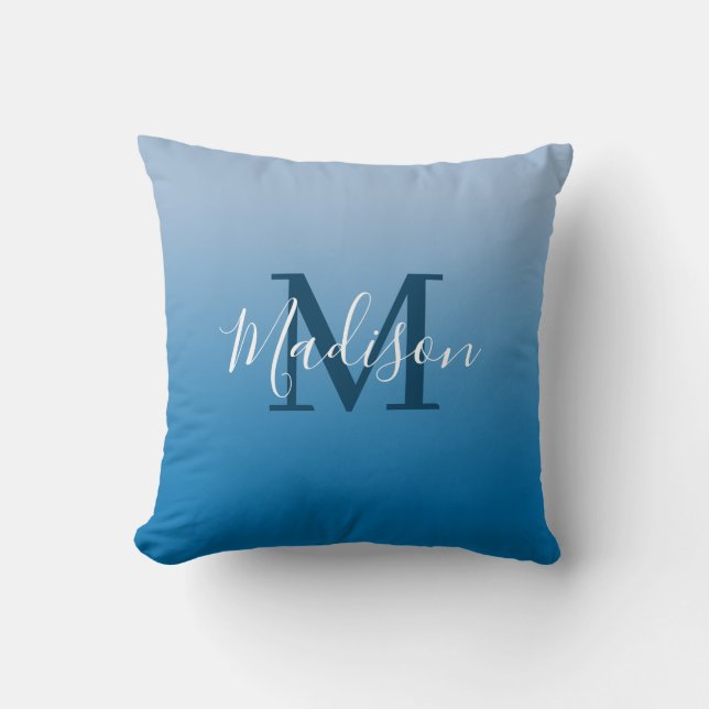 Modern Name Monogram Sky Blue Gradient Cushion (Front)