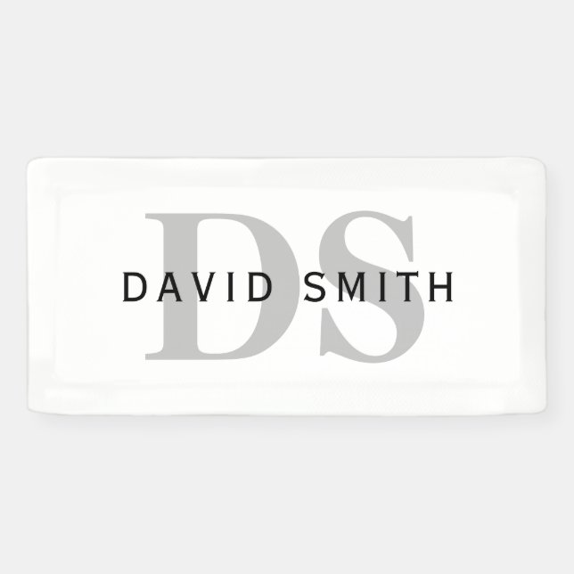 Modern Name & Monogram | White Black & Grey Banner (Horizontal)