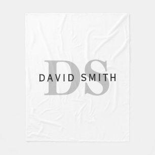 Modern Name & Monogram   White Black & Grey Fleece Blanket