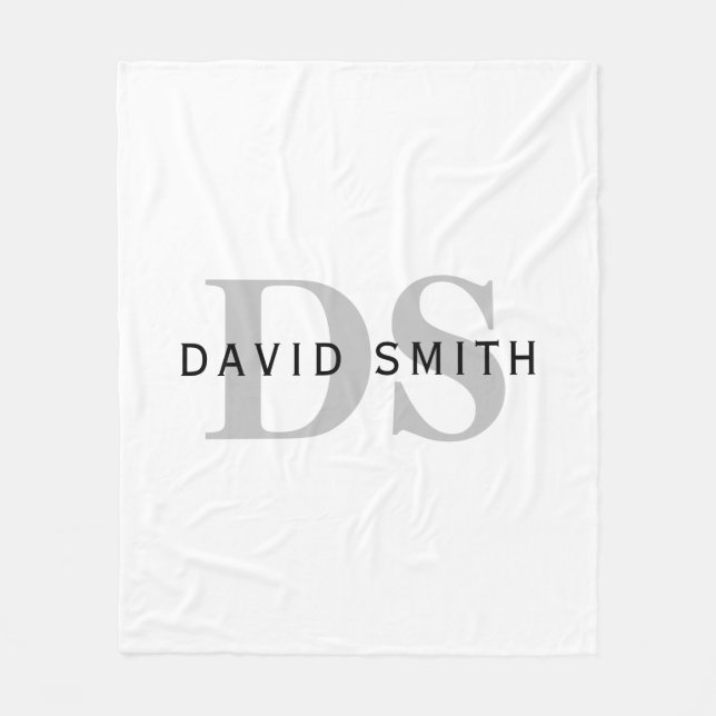 Modern Name & Monogram | White Black & Grey Fleece Blanket (Front)