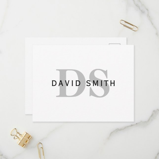 Modern Name & Monogram | White Black & Grey Invitation Postcard (Front/Back In Situ)