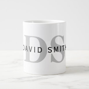 Modern Name & Monogram   White Black & Grey Large Coffee Mug