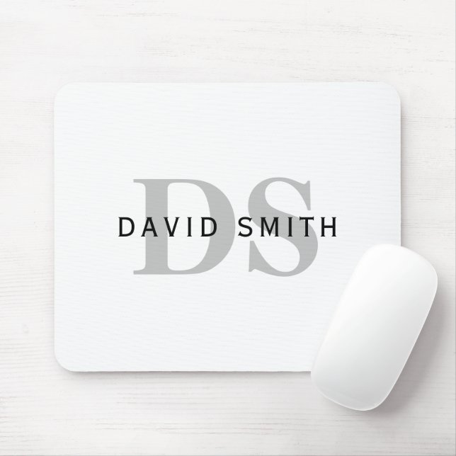 Modern Name & Monogram | White Black & Grey Mouse Pad (With Mouse)