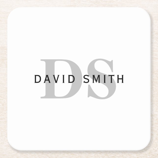 Modern Name & Monogram | White Black & Grey Square Paper Coaster (Front)