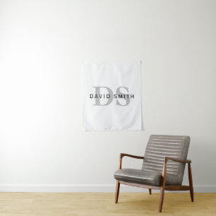 Modern Name & Monogram   White Black & Grey Tapestry